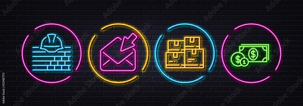 Build, Open mail and Wholesale inventory minimal line icons. Neon laser 3d lights. Dollar money icons. For web, application, printing. Construction service, View e-mail, Warehouse parcel. Vector