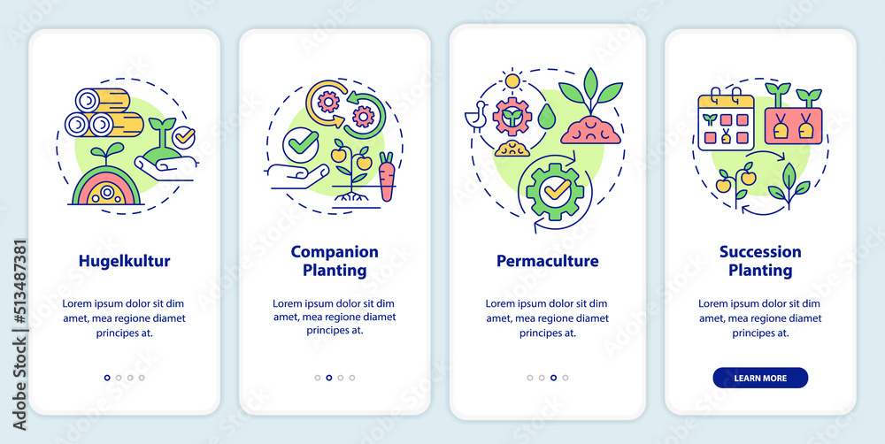 Methods of gardening onboarding mobile app screen. Effective planting walkthrough 4 steps editable graphic instructions with linear concepts. UI, UX, GUI template. Myriad Pro-Bold, Regular fonts used