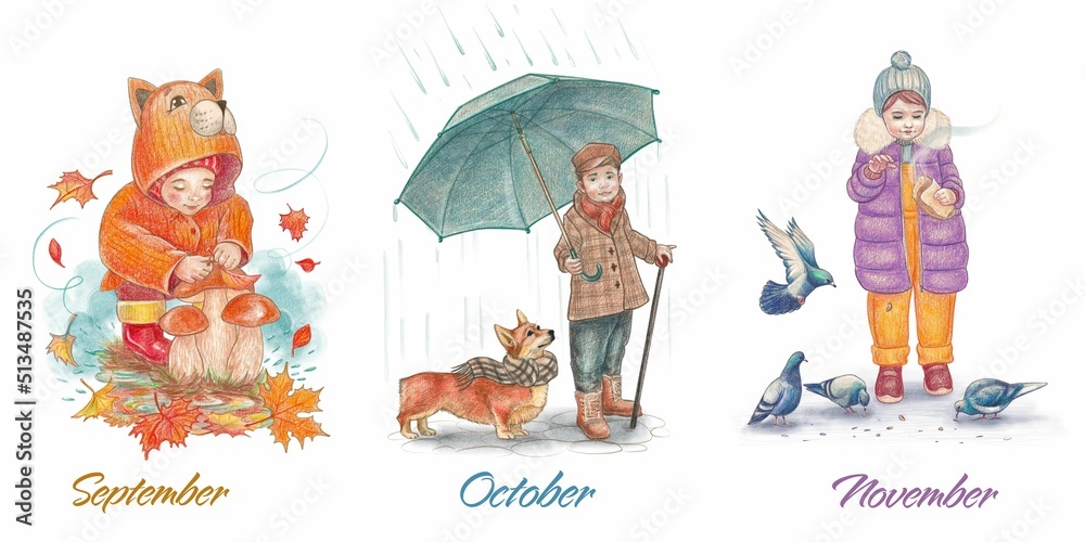 Fototapeta premium Children. Autumn. The child collects mushrooms. A boy walks under an umbrella with a dog. A girl feeds pigeons. A set of clip art with watercolor illustrations for postcards.