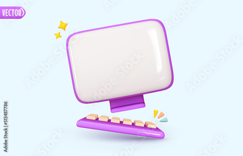 Mock up desktop computer with keyboard. White Screen device mockup clean blank monitor. creative concept idea. Realistic 3d design icons cartoon style. vector illustration