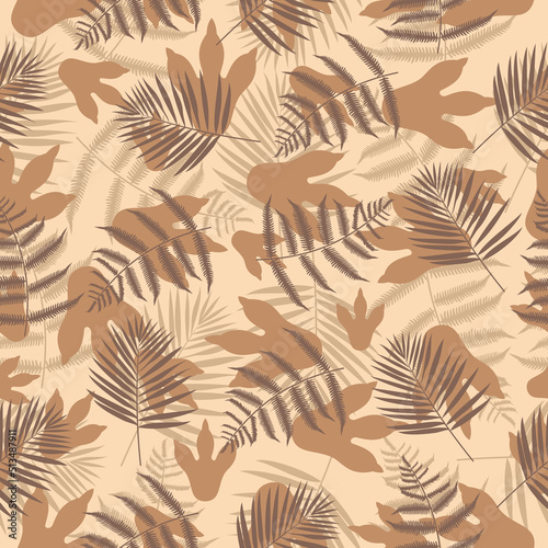 Pattern palm leaves dinosaurs pterodactyl and tyrannosaurus rex and footprints of dinosaurs