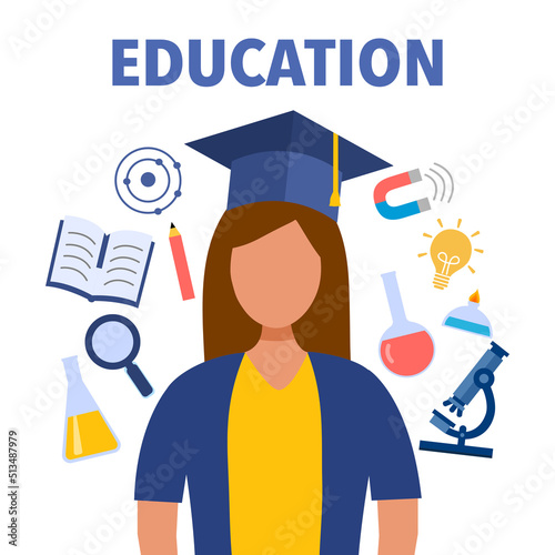 Student wearing graduation hat with science icon on background. Education concept vector illustration.