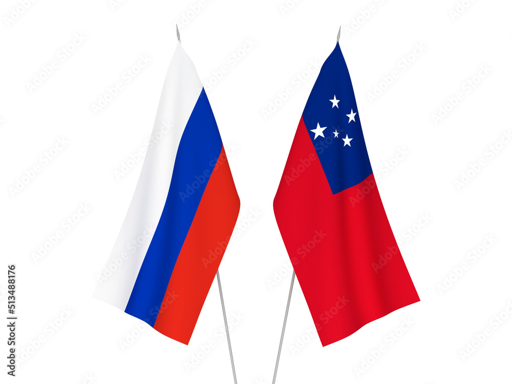 National fabric flags of Russia and Independent State of Samoa isolated on white background. 3d rendering illustration.