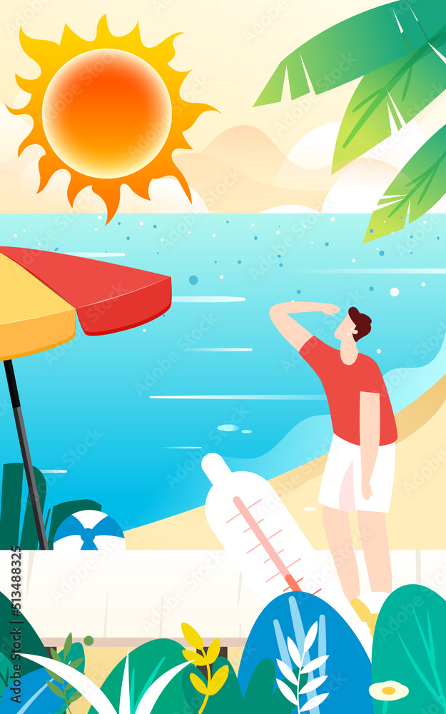 Too hot in summer character heat stroke, high temperature warning, hot summer day, vector illustration
