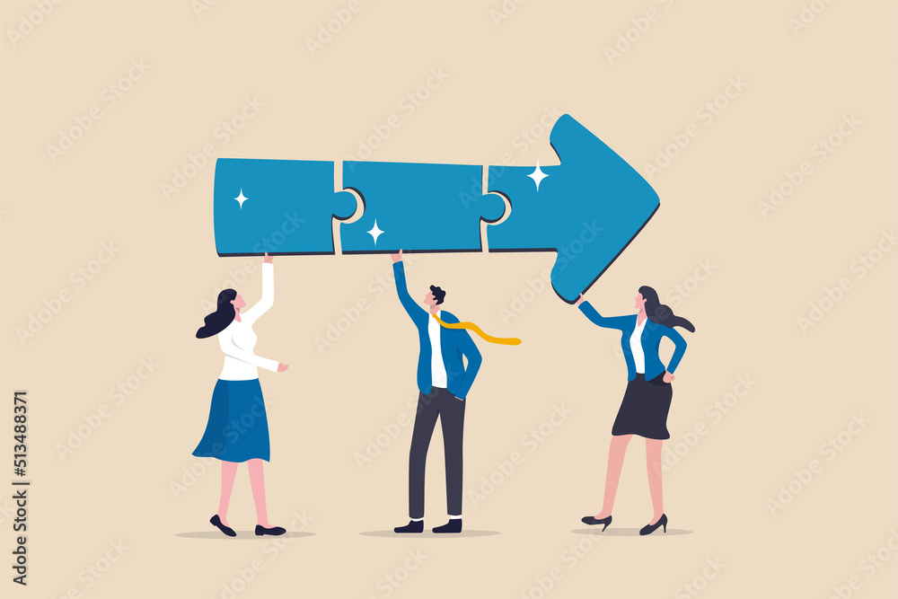 Teamwork connecting jigsaw puzzle metaphor of solving problem together, business direction or collaborate for winning and achieve success concept, business people coworkers connecting arrow jigsaw. - obrazy, fototapety, plakaty 