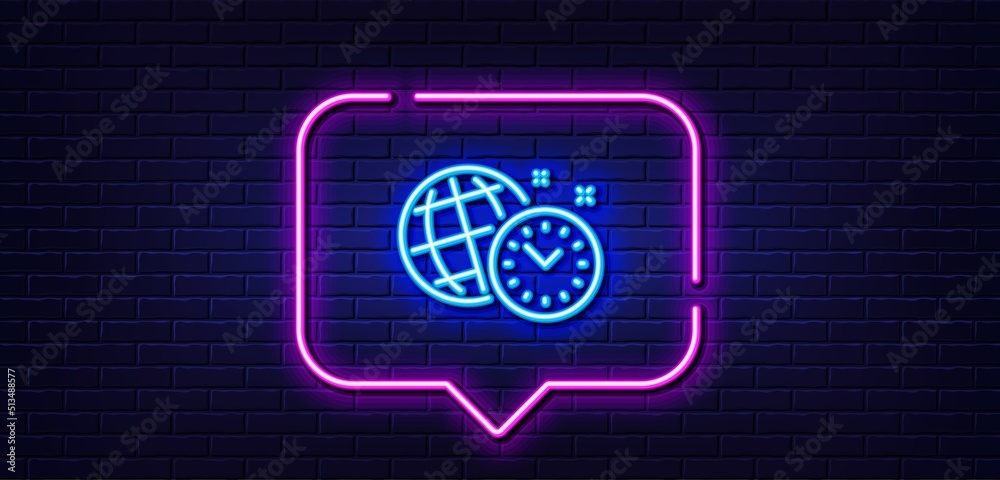 Neon light speech bubble. Time management line icon. World clock sign. Watch symbol. Neon light background. Time management glow line. Brick wall banner. Vector Neon light speech bubble. Time management line icon. World clock sign. Watch symbol. Neon light background. Time management glow line. Brick wall banner. Vector