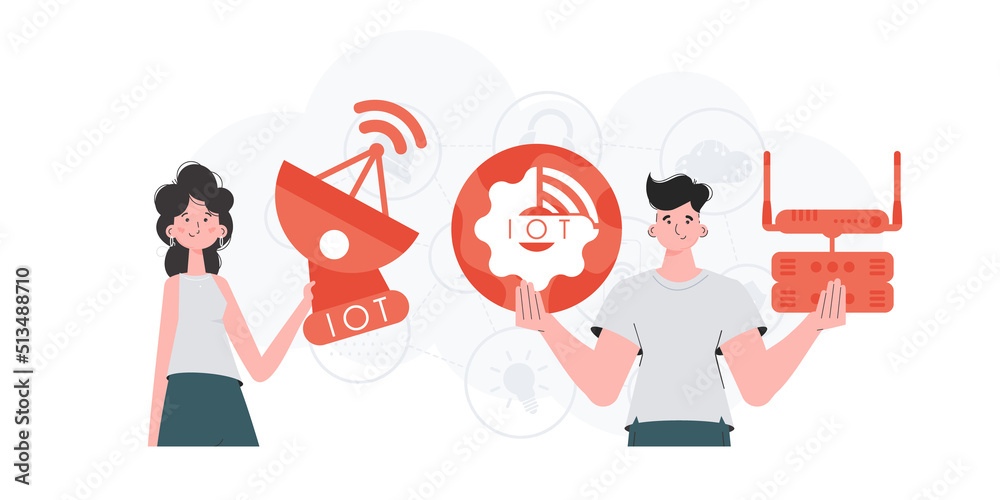 IoT concept. The girl and the guy are a team in the field of Internet of things. Good for presentations and websites. Vector illustration. IoT concept. The girl and the guy are a team in the field of Internet of things. Good for presentations and websites. Vector illustration.