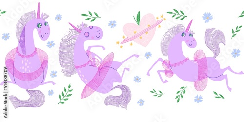 Unicorn Seamless Border. Cute magical children illustration with purple unicorns flying and playing with pink skirts, flowers, green leaves on white background. For baby nursery decor, wallpaper.