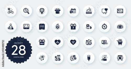 Set of Holidays icons, such as Puzzle, Winner ticket and Kiss me flat icons. Discounts calendar, Online shopping, Shopping trolley web elements. Hat-trick, Discounts chat, Mattress signs. Vector