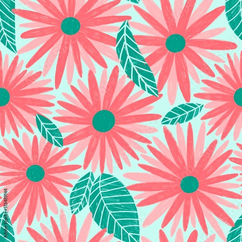 Pink Flowers Seamless Pattern. Floral illustration for modern vintage textile design, fashion fabric, gift wrapping paper, wallpaper. Leaves on light turquoise background, high quality raster image. 