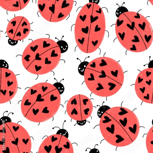 Cute Ladybug Seamless Pattern. Children illustration with adorable smiling ladybirds with heart shaped dots on white background. For modern fashion textile, fabric design, gift wrapping paper. Raster.