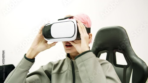 Female used VR Headset at Living Room