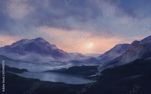 Fantastic Epic Magical Landscape of Mountains. Summer nature. Mystic Valley, tundra, forest. Gaming assets. Celtic Medieval RPG background. Rocks and grass. Beautiful sky and clouds. Lakes and rivers © Abstract51