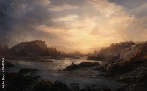Fantastic Epic Magical Landscape of Mountains. Summer nature. Mystic Valley, tundra, forest. Gaming assets. Celtic Medieval RPG background. Rocks and grass. Beautiful sky and clouds. Lakes and rivers