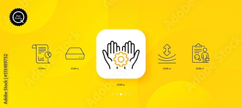 Employee hand, Inspect and Resilience minimal line icons. Yellow abstract background. Report, Mini pc icons. For web, application, printing. Work gear, Research list, Elastic. Work analysis. Vector