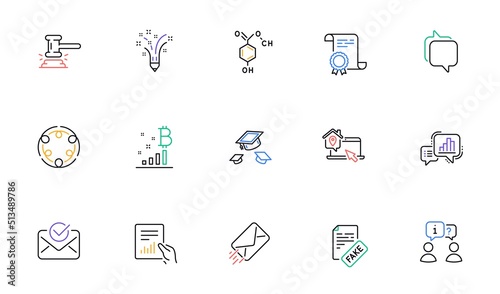 Judge hammer, Fake news and Graph chart line icons for website, printing. Collection of Inclusion, Approved mail, Throw hats icons. Inspiration, Work home, Document web elements. Vector