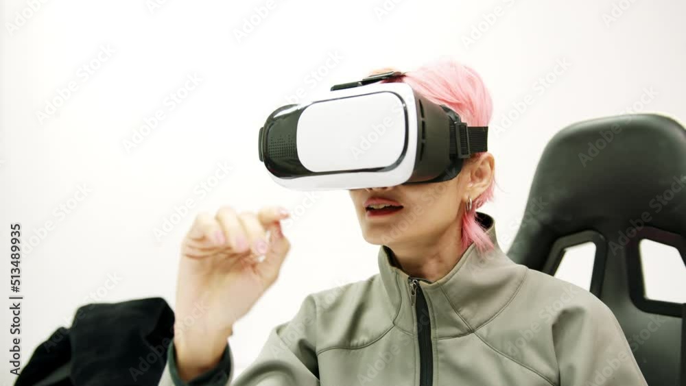 Female used VR Headset at Living Room Female used VR Headset at Living Room