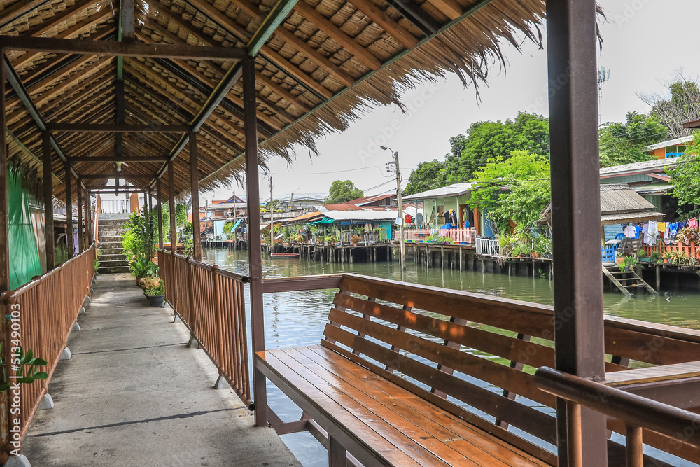 Klong Bang Luang Community,Phasi Charoen District,Bangkok,Thailand on June 26,2020:Old-fashioned houses along Klong Bangkok Yai(Klong Bang Luang). Klong Bang Luang Community,Phasi Charoen District,Bangkok,Thailand on June 26,2020:Old-fashioned houses along Klong Bangkok Yai(Klong Bang Luang).