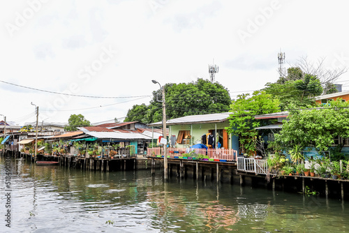 Klong Bang Luang Community,Phasi Charoen District,Bangkok,Thailand on June 26,2020:Old-fashioned houses along Klong Bangkok Yai(Klong Bang Luang).