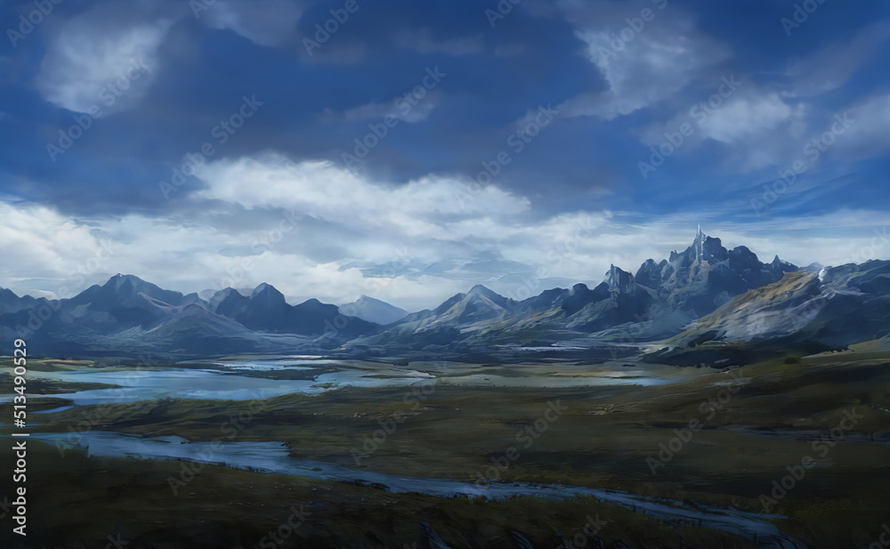 Fantastic Epic Magical Landscape of Mountains. Summer nature. Mystic Valley, tundra, forest. Gaming assets. Celtic Medieval RPG background. Rocks and grass. Beautiful sky and clouds. Lakes and rivers	