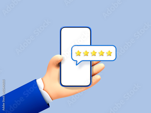 3D cartoon businessman hand holds smartphone with pop up five star icon for feedback. 5 star rating on smartphone. Positive client experience concept.