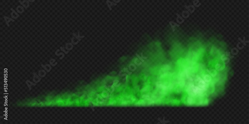 Green smoke or mist isolated on transparent background. Realistic green bad smell. Magic mist cloud. Chemical toxic gas. Realistic vector illustration