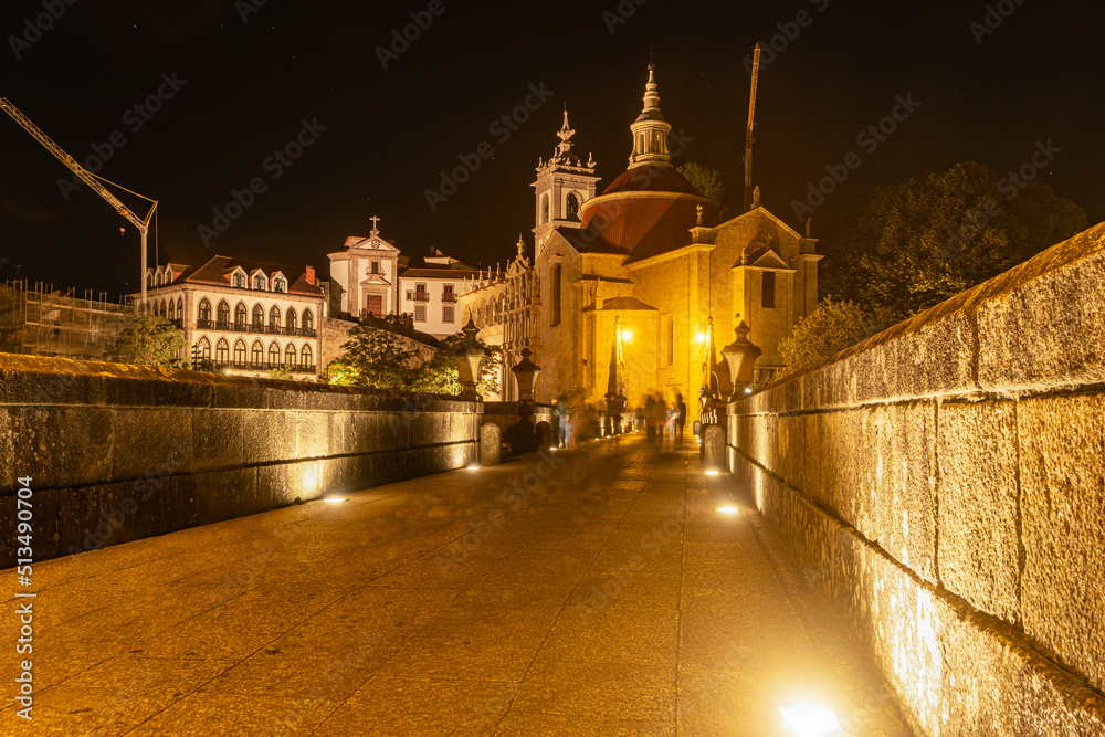 View of Amarante historic city in Portugal with the St. Goncalo church on Tamega River and Sao Goncalo bidge at night