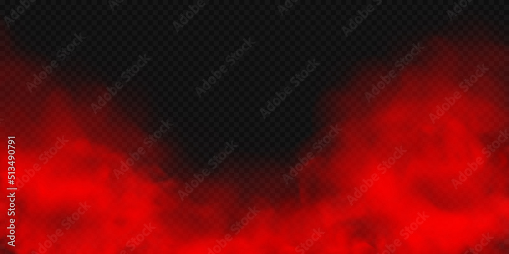 Red fog or smoke isolated on transparent background. Red cloudiness, mist or smog background. Vector realistic illustration.