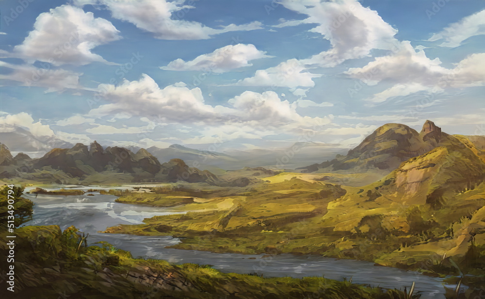 Fantastic Epic Magical Landscape of Mountains. Summer nature. Mystic Valley, tundra, forest. Gaming assets. Celtic Medieval RPG background. Rocks and grass. Beautiful sky and clouds. Lakes and rivers	