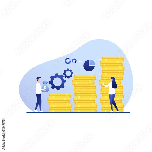 Business man and woman is climbing stairs from stacks of coins toward his financial goal. Personal investment and pension savings concept. Modern vector illustration.