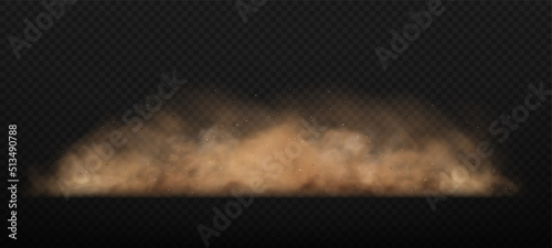 Dust sand cloud with stones and flying dusty particles isolated on transparent background. Brown dusty cloud or dry sand flying. Realistic vector illustration.