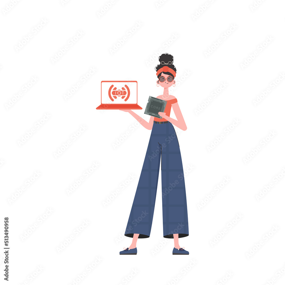 A woman holds a laptop and a processor chip in her hands. Internet of things concept. Isolated. Vector illustration in trendy flat style. A woman holds a laptop and a processor chip in her hands. Internet of things concept. Isolated. Vector illustration in trendy flat style.