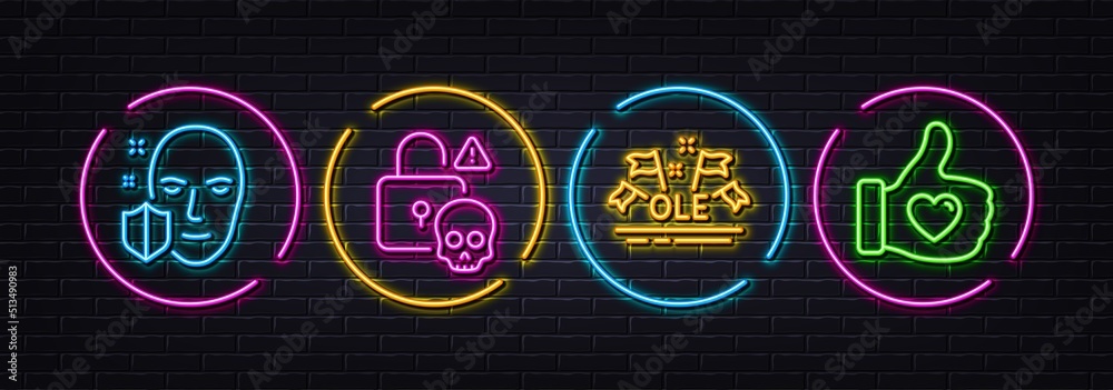 Cyber attack, Face protection and Ole chant minimal line icons. Neon laser 3d lights. Like hand icons. For web, application, printing. Data hacking, Secure access, Sport championship. Vector