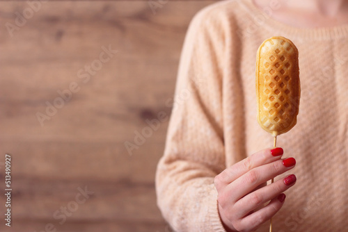 Girl holds a corn dog with copy space