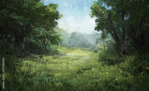 Fantastic Epic Magical Forest Landscape. Summer beautiful mystic nature. Gaming assets. Celtic Medieval RPG background. Rocks and green trees. Rivers and streams. Sky with clouds. Green Forest