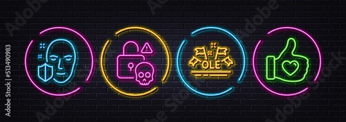 Cyber attack, Face protection and Ole chant minimal line icons. Neon laser 3d lights. Like hand icons. For web, application, printing. Data hacking, Secure access, Sport championship. Vector