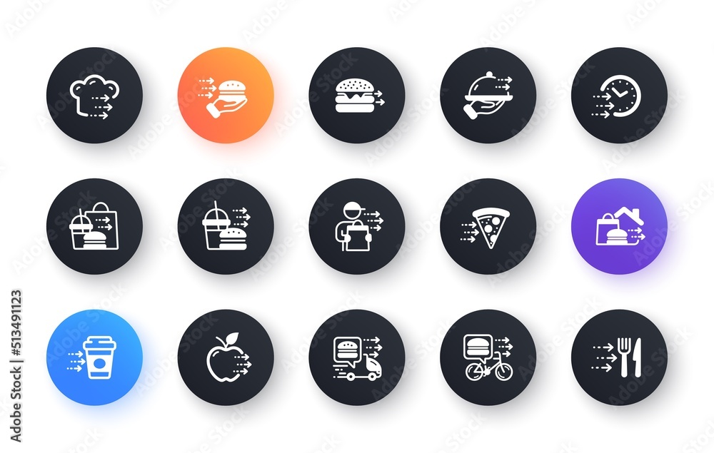 Food delivery icons. Online order, Eat pizza, Fast grocery service. Home delivery, Burger or cheeseburger, Courier with food outicons. Smartphone order, Coffee deliver, Apple fruit. Vector Food delivery icons. Online order, Eat pizza, Fast grocery service. Home delivery, Burger or cheeseburger, Courier with food outicons. Smartphone order, Coffee deliver, Apple fruit. Vector