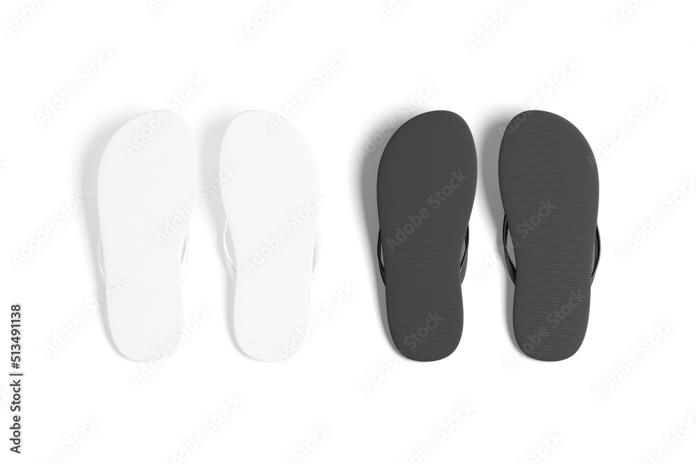 Blank black and white beach slippers sole mockup, top view Blank black and white beach slippers sole mockup, top view
