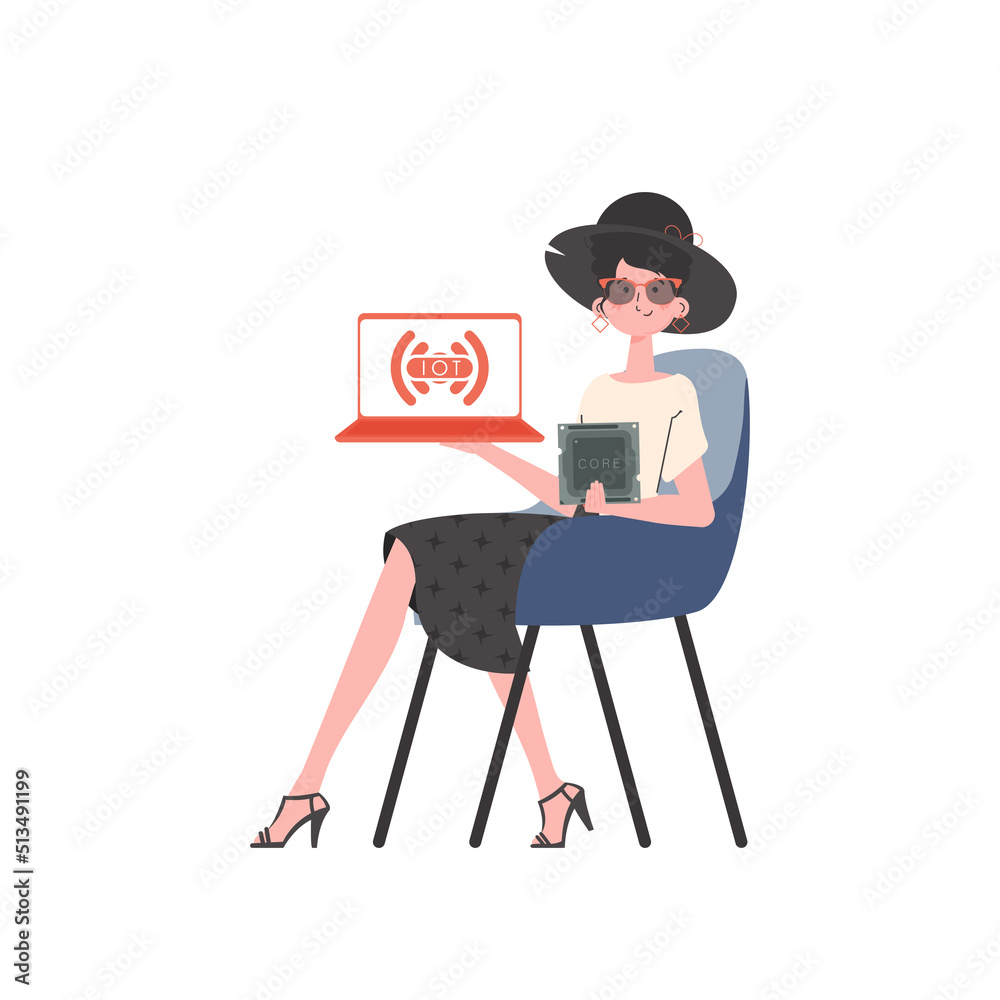 Fototapeta premium A woman holds a laptop and a processor chip in her hands. IoT concept. Isolated. Vector.