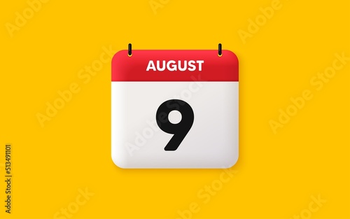 Calendar date 3d icon. 9th day of the month icon. Event schedule date. Meeting appointment time. Agenda plan, August month schedule 3d calendar and Time planner. 9th day day reminder. Vector