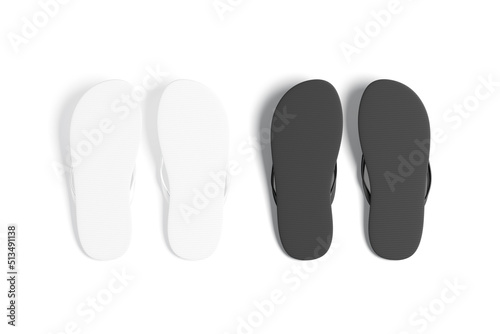 Blank black and white beach slippers sole mockup, top view