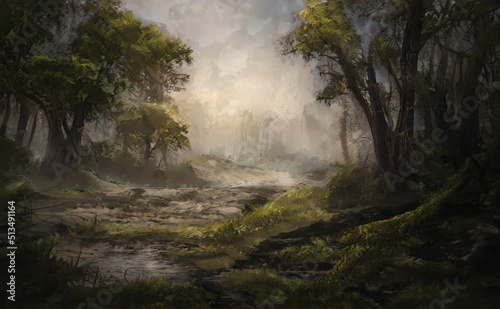 Fantastic Epic Magical Forest Landscape. Summer beautiful mystic nature. Gaming assets. Celtic Medieval RPG background. Rocks and green trees. Rivers and streams. Sky with clouds. Green Forest