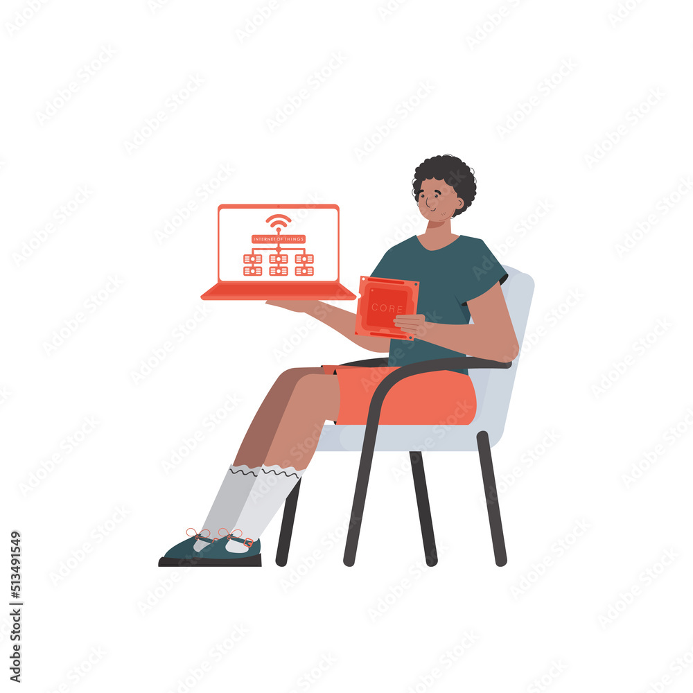 Fototapeta premium A man holds a laptop and a processor chip in his hands. Internet of things concept. Isolated. Trendy flat style. Vector illustration.