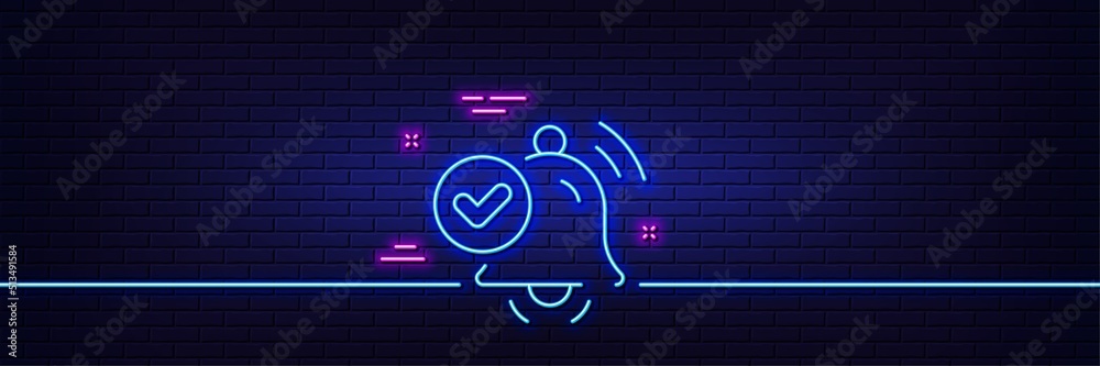 Neon light glow effect. Notification received line icon. Selected reminder sign. Alarm bell symbol. 3d line neon glow icon. Brick wall banner. Notification received outline. Vector
