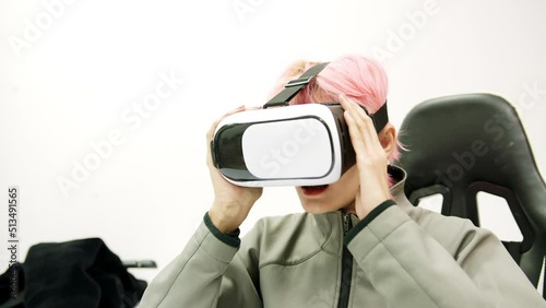 Female used VR Headset at Living Room
