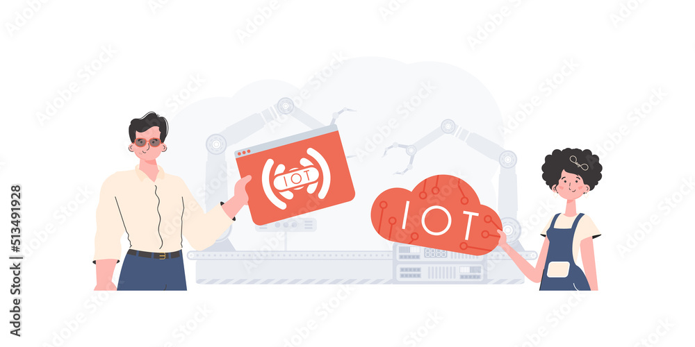 The girl and the guy are a team in the field of Internet of things. IOT and automation concept. Good for websites and presentations. Vector illustration in trendy flat style. The girl and the guy are a team in the field of Internet of things. IOT and automation concept. Good for websites and presentations. Vector illustration in trendy flat style.