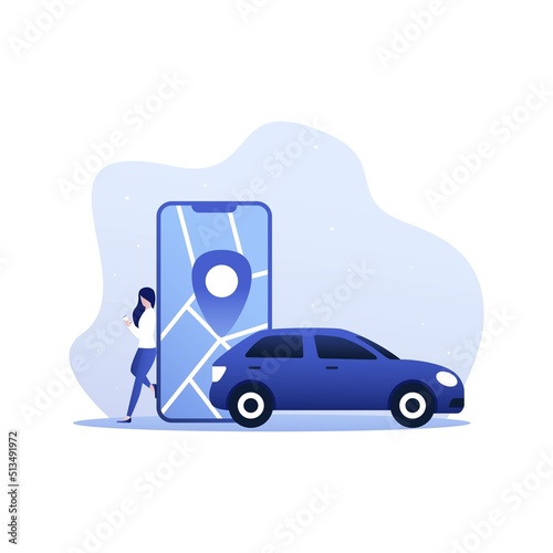 Autonomous wireless remote connected car sharing service controlled via smartphone app. Hands holding phone with location mark of smart electric car in modern city skyline. Grain style illustration.