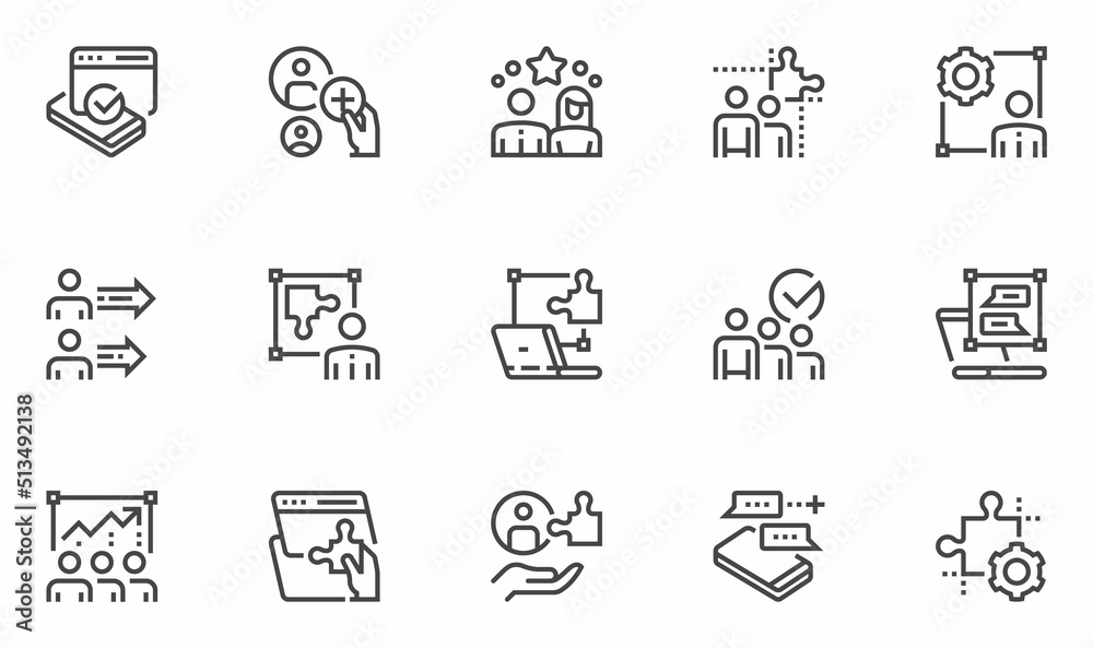 Teamwork Related Vector Line Icons Set. Business Management, Cooperation, Meetings. Editable Stroke. 48x48 Pixel Perfect.