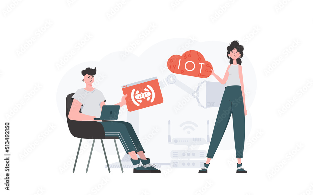 The girl and the guy are a team in the field of Internet of things. IoT concept. Good for websites and presentations. Vector illustration in flat style. The girl and the guy are a team in the field of Internet of things. IoT concept. Good for websites and presentations. Vector illustration in flat style.