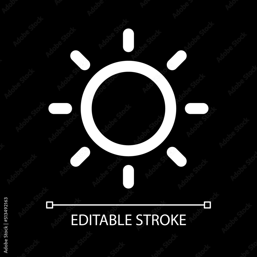 Sunny weather white linear ui icon for dark theme. Clear sky. Summertime. Weather prediction. Vector line pictogram. Isolated user interface symbol for night mode. Editable stroke. Arial font used